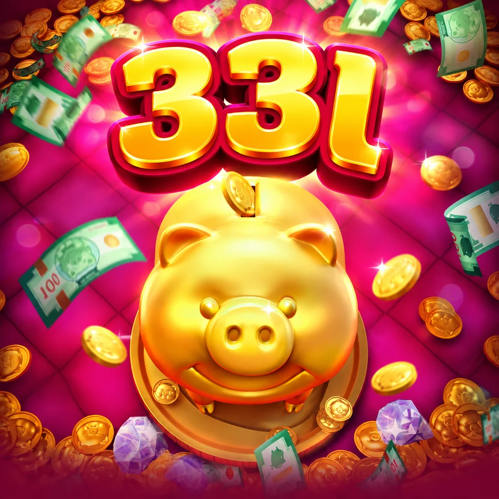 Logo 33l dengan celengan babi emas bertabur koin dan uang kertas di permainan Lucky Piggy